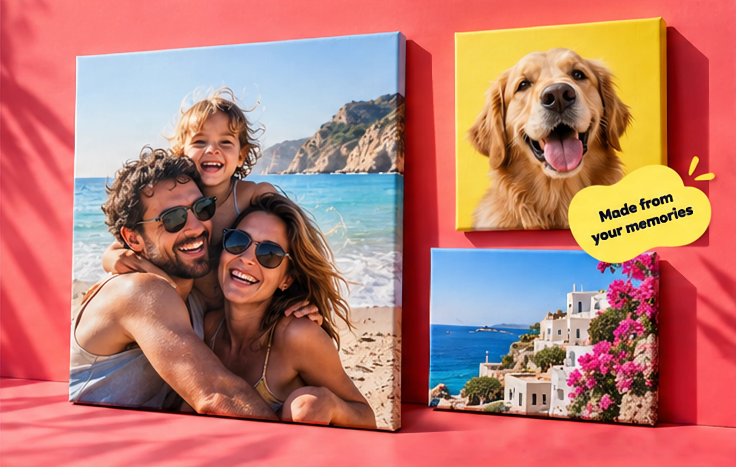 Canvas prints of a family on the beach, a golden retriever and a Cyprus seaside village
